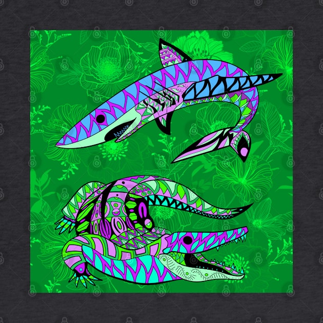 the king shark and the king gator in mandala pattern jungle by jorge_lebeau